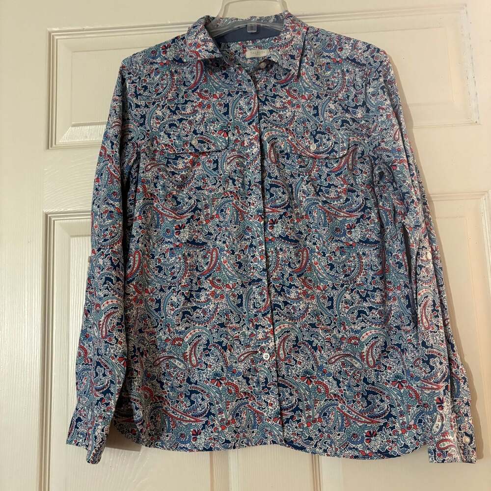 Talbots Red White Blue Paisley Floral Collar Cotton Button Tunic Blouse Medium